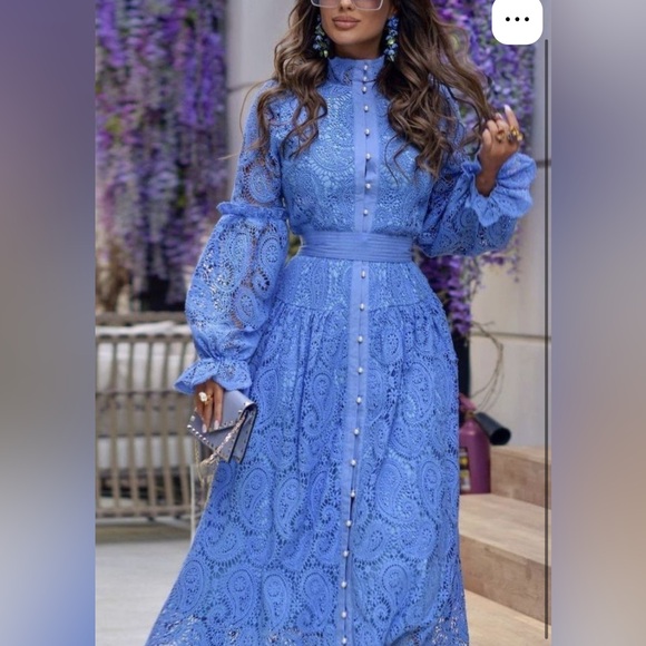 Esmeralda Blue Lace Floral Cutout Maxi Dress with belt size L New with no tag - Picture 1 of 15